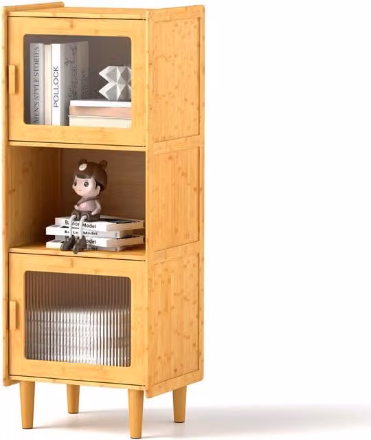 Gymax Bamboo 3-Cube Freestanding Kitchen Sideboard and Bookcase with Doors in Light Khaki Beige