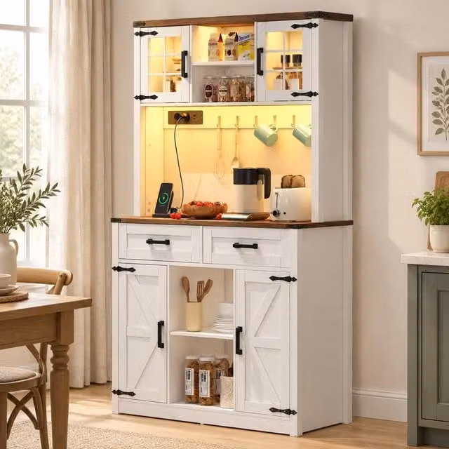 STILVORA White Bar Cabinet with Glass Doors, Integrated Lighting and Bottle Rack