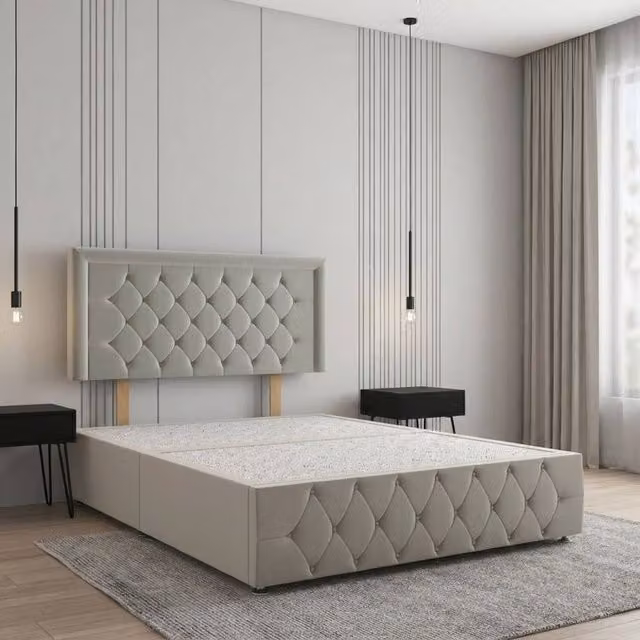 Regional Furnishings Super King Divan Bed with 24 inch Plush Velvet Headboard and Footboard in Silver, W: 200 cm x D: 200 cm