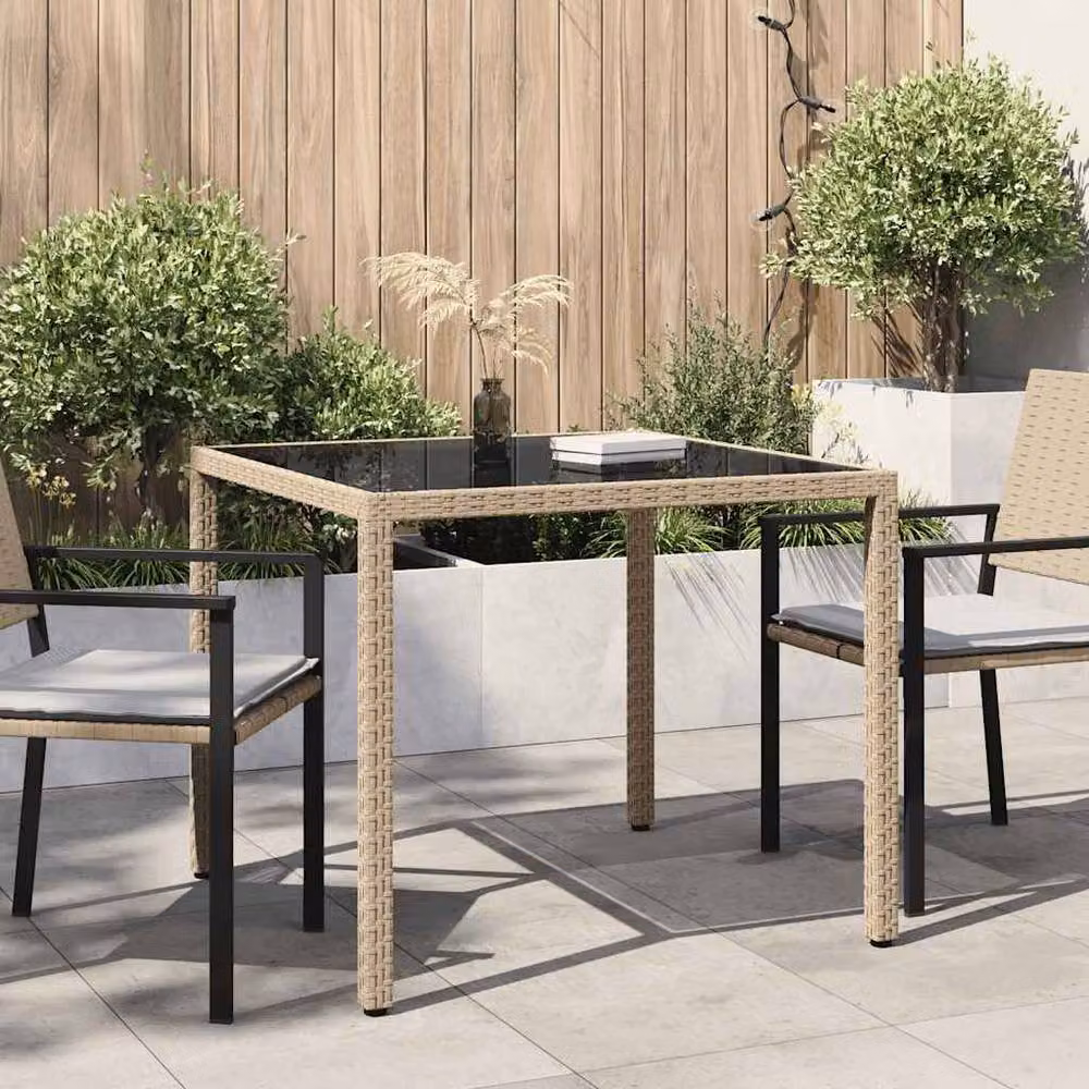 Berkfield Home Beige Poly Rattan Garden Table with Tempered Glass Top, W/D/H: 90 x 90 x 75 cm – 2