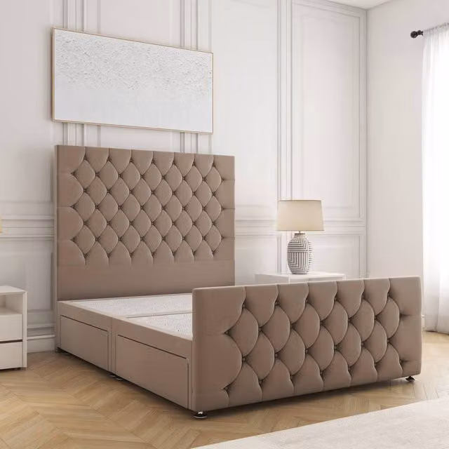 BSSPOKE Maya Velvet Divan Bed in Taupe with 54 inch Headboard and 2 Drawers on Same Side, Size: Double (W/D/H: 140 x 200 cm)