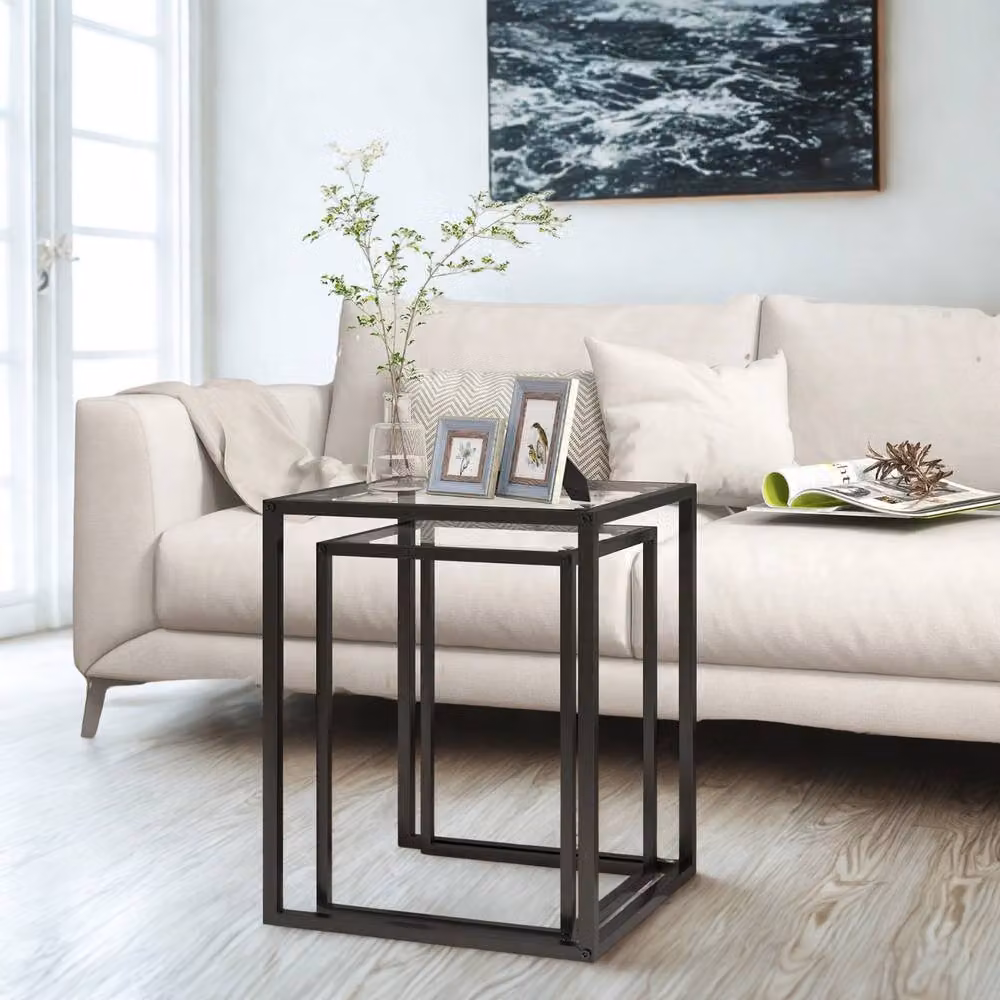 FURNOS Set of 2 Modern Nesting Side Tables with Black Tempered Glass Tops – 4