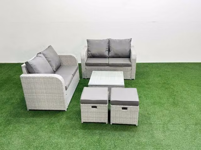 Fimous 6 Seater Rattan Garden Furniture Set in Light Grey with L-Shape Sofa, Coffee Table and 2 Ottomans