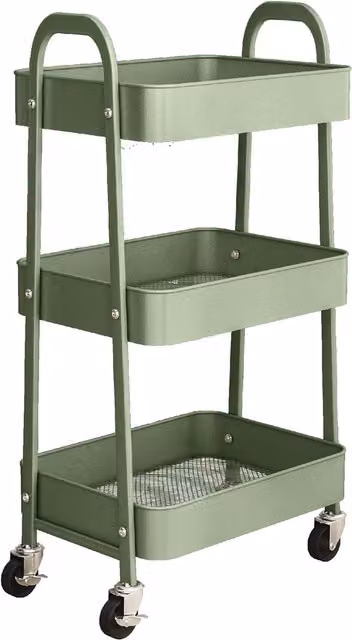 Simpa 3 Tier Metal Multipurpose Wheeled Storage Tray Cart in Matt Dark Green, H x W x D: 78.5 x 46 x 30.5 cm