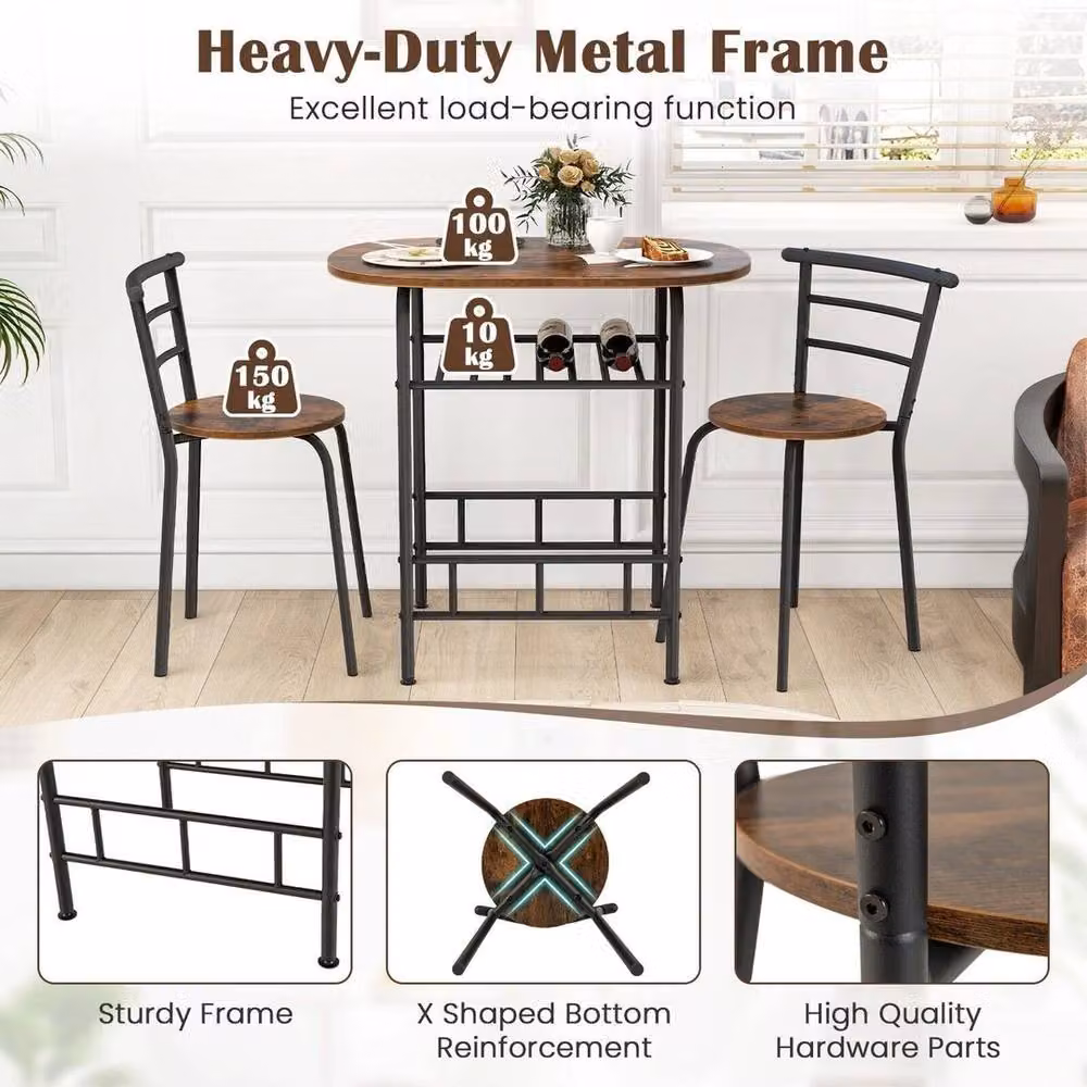 VOGREX 3-Piece Bar Table and 2 Chairs Set with Storage Shelf in Brown – 6