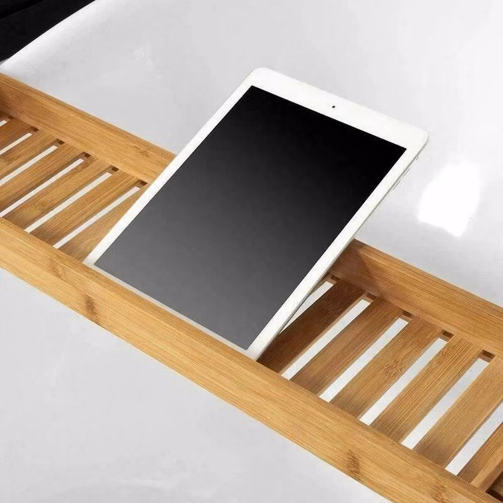 PAWNORA Bamboo and Glass Freestanding Bathroom Shelf Tidy Tray Storage in Sand and Brown – 2
