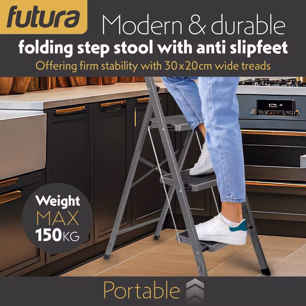 Futura 3 Step Heavy-Duty Steel Folding Step Ladder in Grey – 4