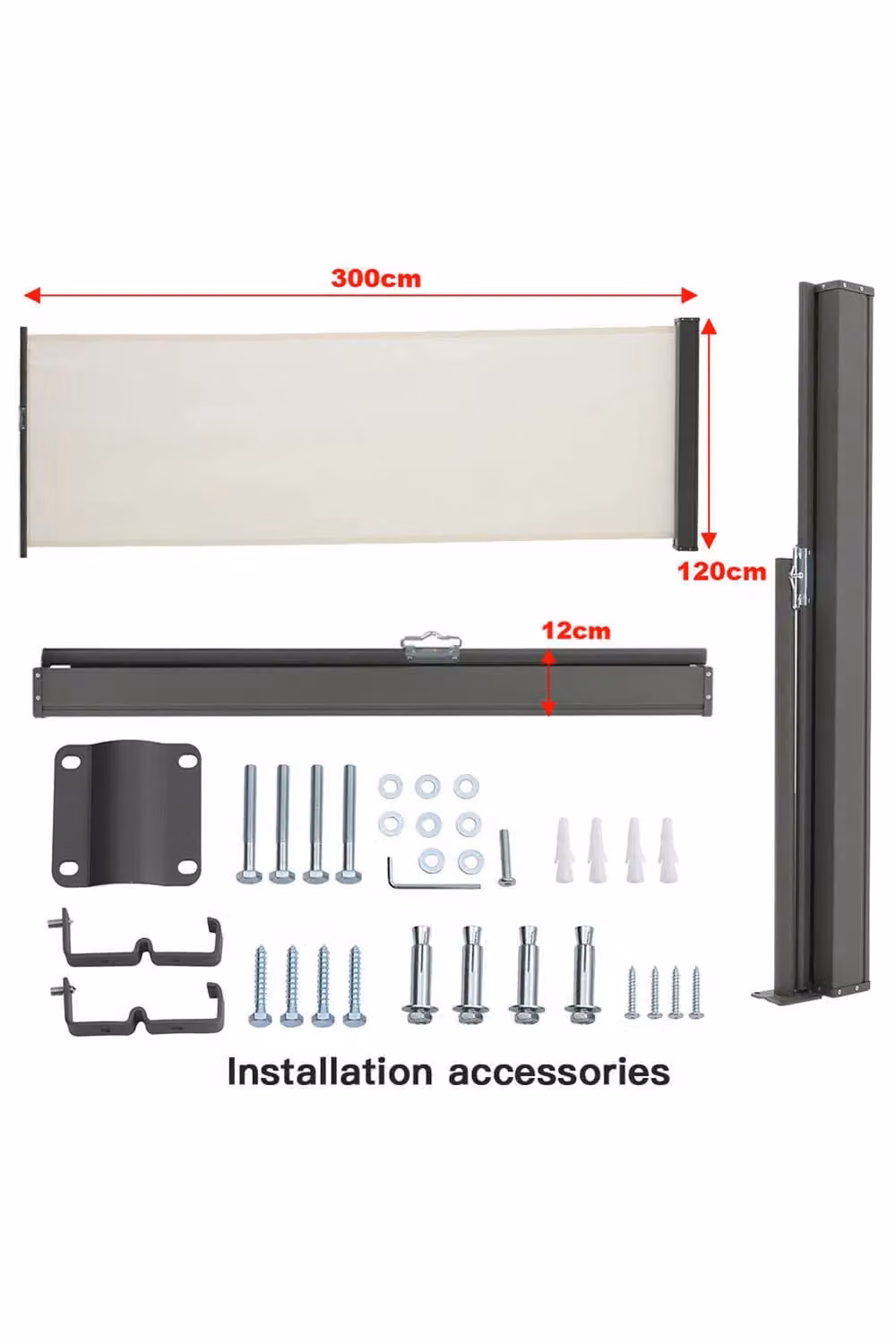 Living and Home Beige Retractable Side Awning with White Fabric, Manual Pull, W/D: 300 x 120 cm – 3