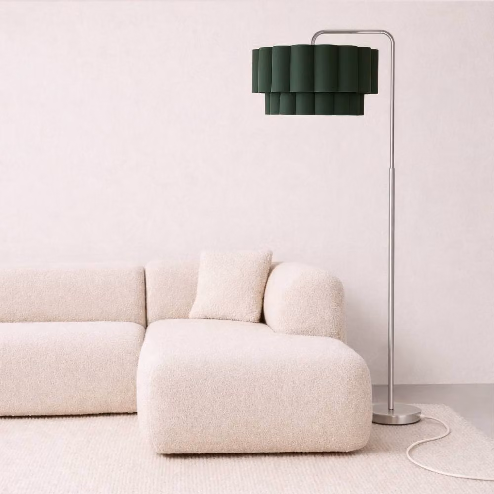 CGC Lighting Kyra Brushed Nickel Floor Lamp with Two Layer Scalloped Dark Green Fabric Lampshade – 4