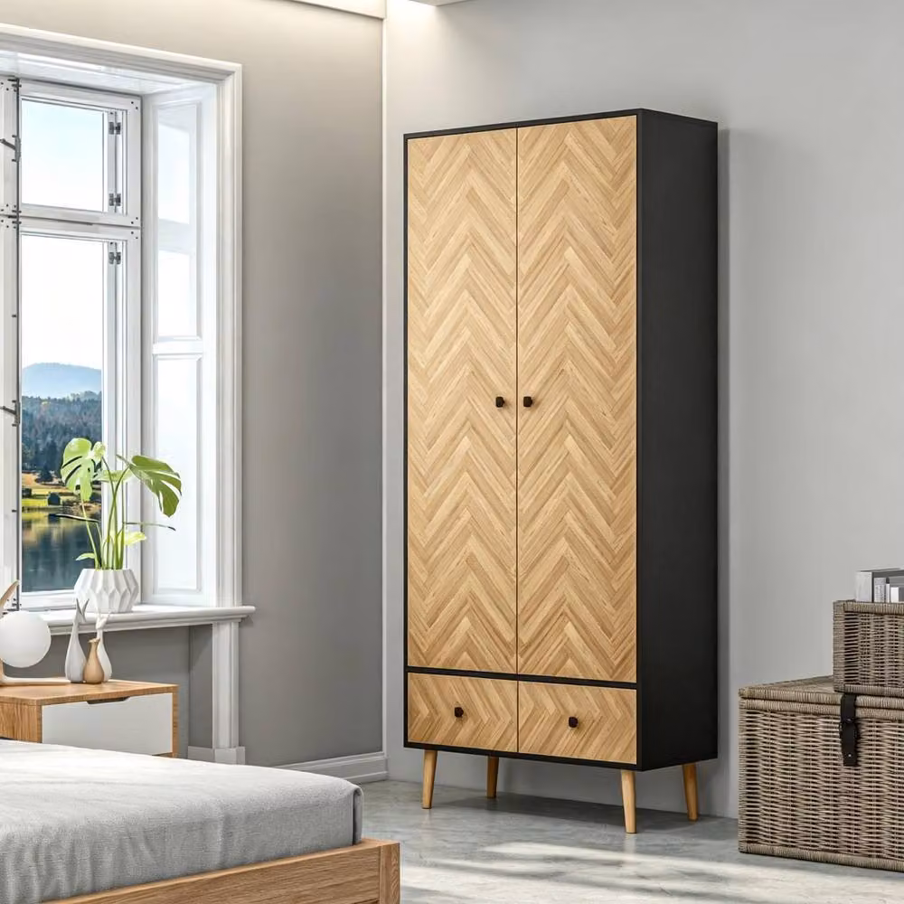STILVORA Modern Pine Wardrobe with 2 Drawers, Internal Shelves and Hanging Rod in Natural Brown – 2