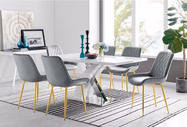 FurnitureboxUK Atlanta 6 White Rectangular Dining Table and 6 Pesaro Gold Leg Chairs in Grey