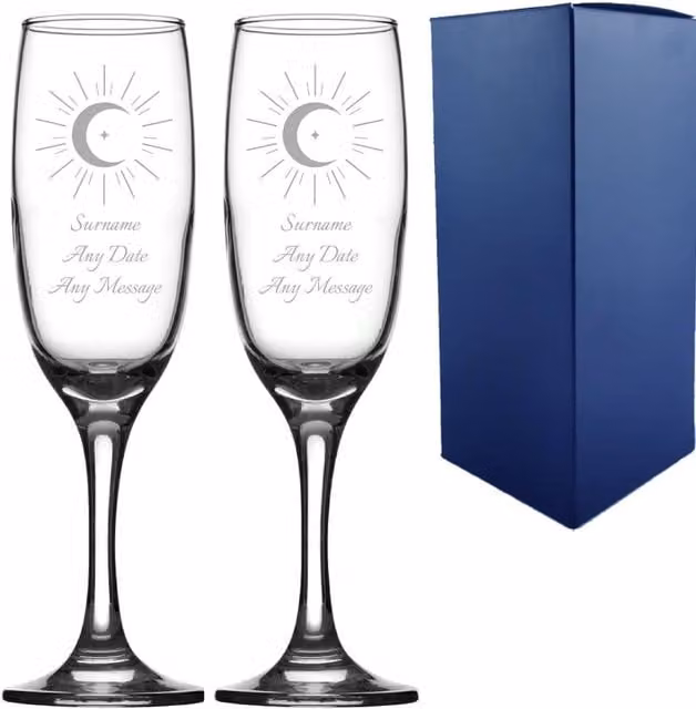 Uniqueful Personalised Celestial Wedding Champagne Flute Set, Clear, 221 ml