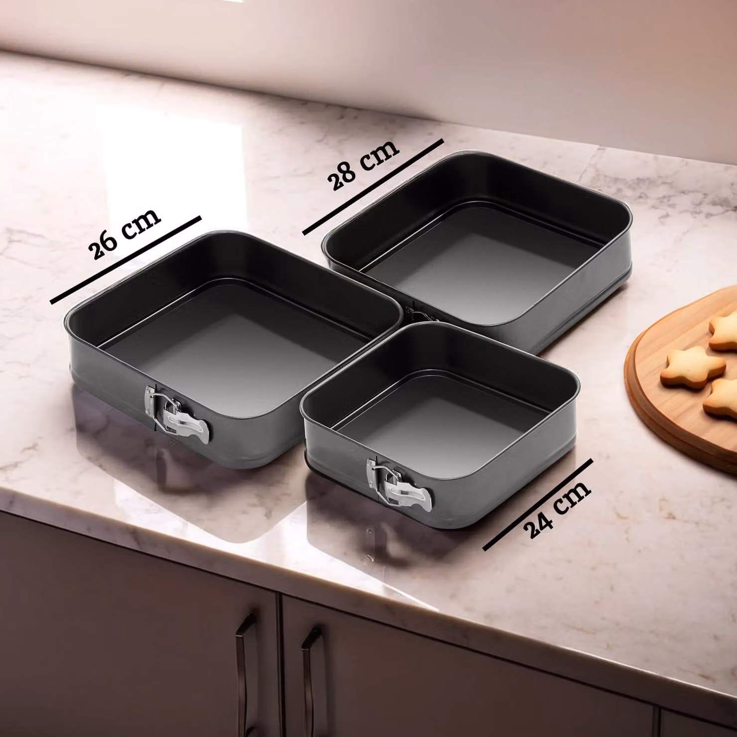 Orsina Set of 3 Non-Stick Square Springform Cake Tins, Black Carbon Steel – 4