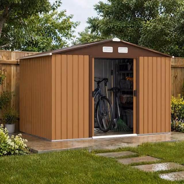 STILVORA Brown Galvanised Steel Garden Shed with Sliding Doors and Side Ventilation