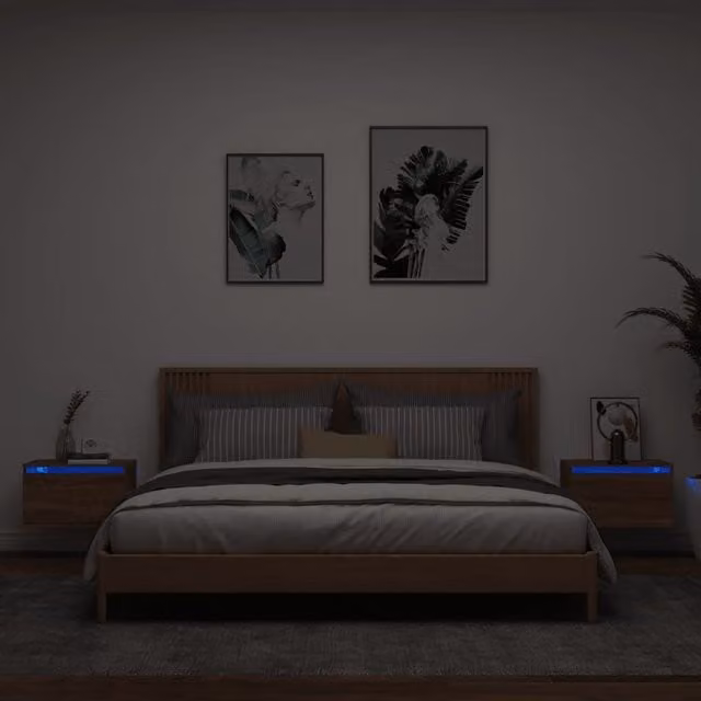 Berkfield Home Set of 2 Modern Wall-mounted Bedside Cabinets with Integrated LED Lights in Brown Oak – 1