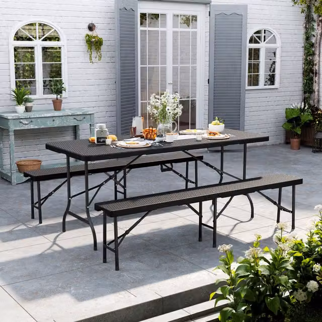 Livingandhome Outdoor Foldable Camping Table and Bench Set with Rattan Weave Effect in Black