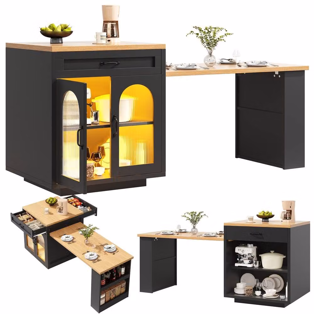 ModernLuxe Extendable Kitchen Island with LEDs and 2 Drawers in Black – 8