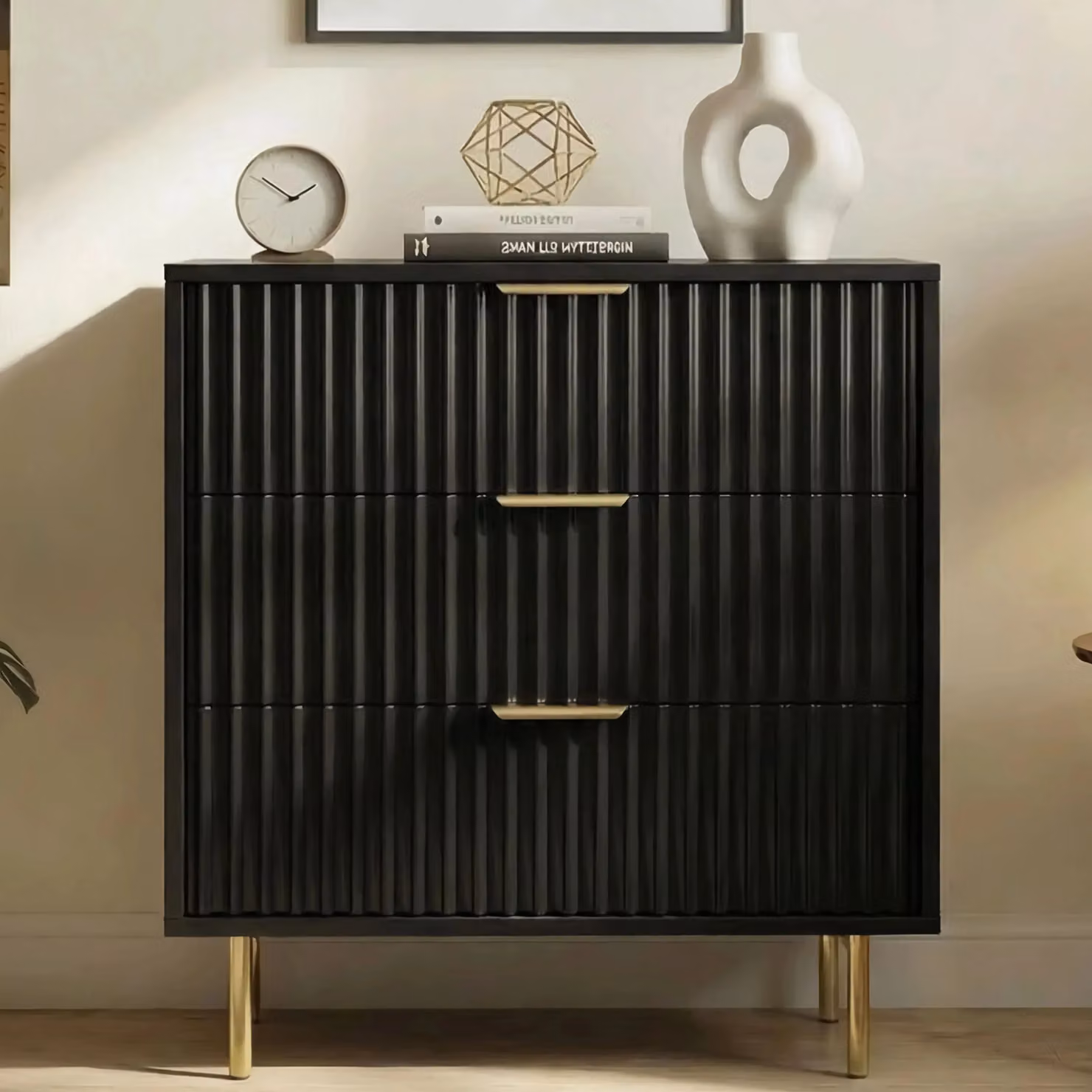 DHS Flutrina Black Painted 3 Drawer Chest of Drawers with Metal Legs, W: 79 cm, D: 40 cm, H: 70 cm