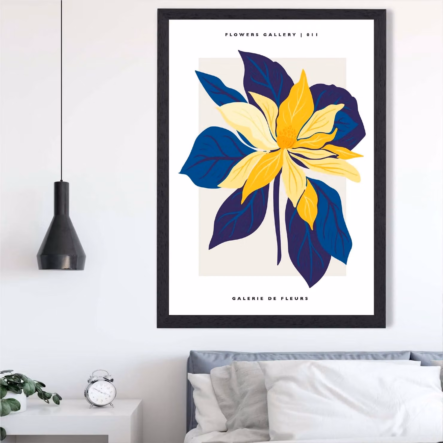 ARTZE Abstract Blue and Yellow Lilly Flower Market Gallery Framed Print, A4, Black Frame – 2