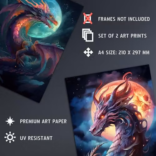 Artery8 Set of 2 Modern Mythical Dragon and Full Moon Fantasy Serpent Wall Art Prints, Multicolour, A4 – 3