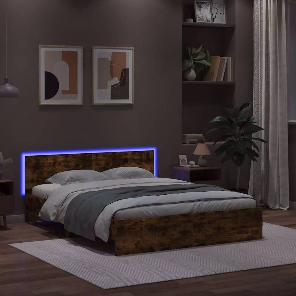 Berkfield Home King Size Bed Frame with Headboard, LED Under-Bed Lighting and USB Charging Port, Smoked Oak, Brown, W: 150 cm, D: 200 cm – 3