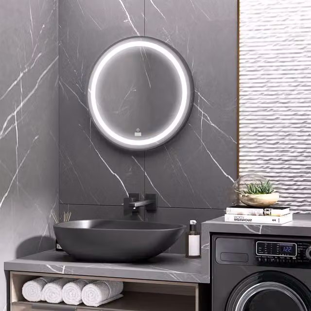 kleankin Round LED Dimmable Bathroom Mirror with 3 Colour Temperatures in Black
