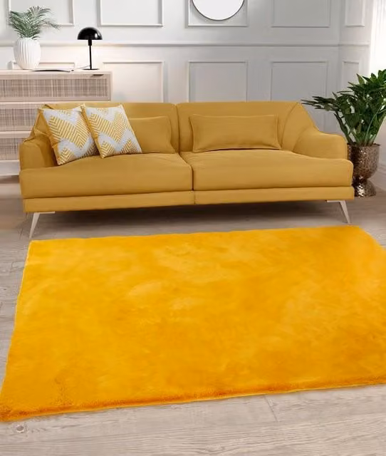 The Linen Consultancy Luxury Faux Fur Ochre Rug in Yellow, W: 150 cm, D: 200 cm