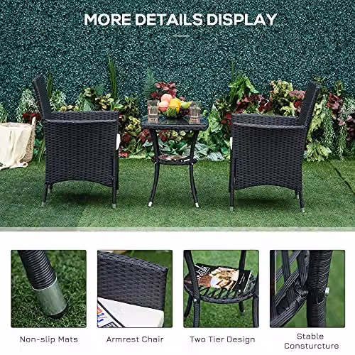 Outsunny 3 Piece Rattan Bistro Set with Glass Top Table and Chairs in Black – 5