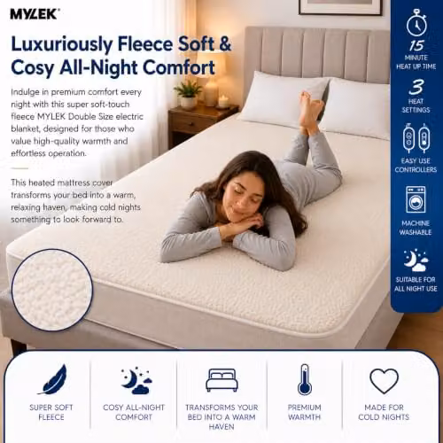 Mylek White Fleece Fitted Heated Mattress Cover Superking, W/D/H: 203 x 182 x 40 cm – 7