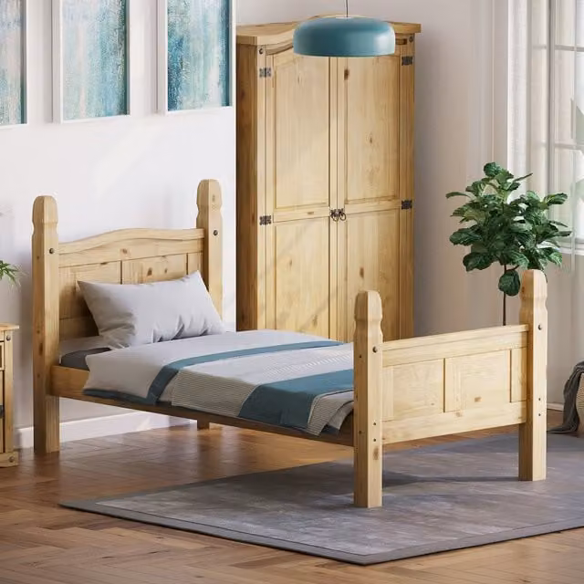 Vida Designs Corona Single Solid Pine Wood Bed Frame in Brown and Yellow, W/D/H: 90 x 190 x 103 cm