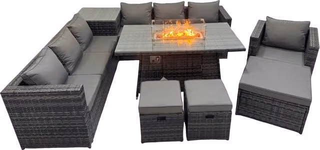 Fimous 10-Seater Rattan Garden Set with Gas Firepit in Dark Grey