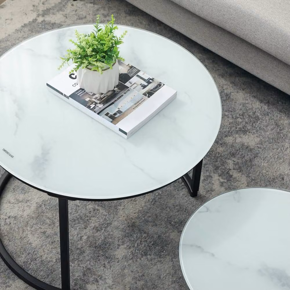Wyld Haus Sosuri Set of 2 Round Nesting Tables with White Glass Tops and Metal Frames – 5