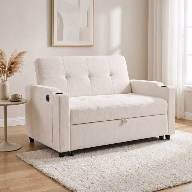 STILVORA 2 Seater Pull-Out Sofa Bed in White with USB Charging and Cup Holders – 1