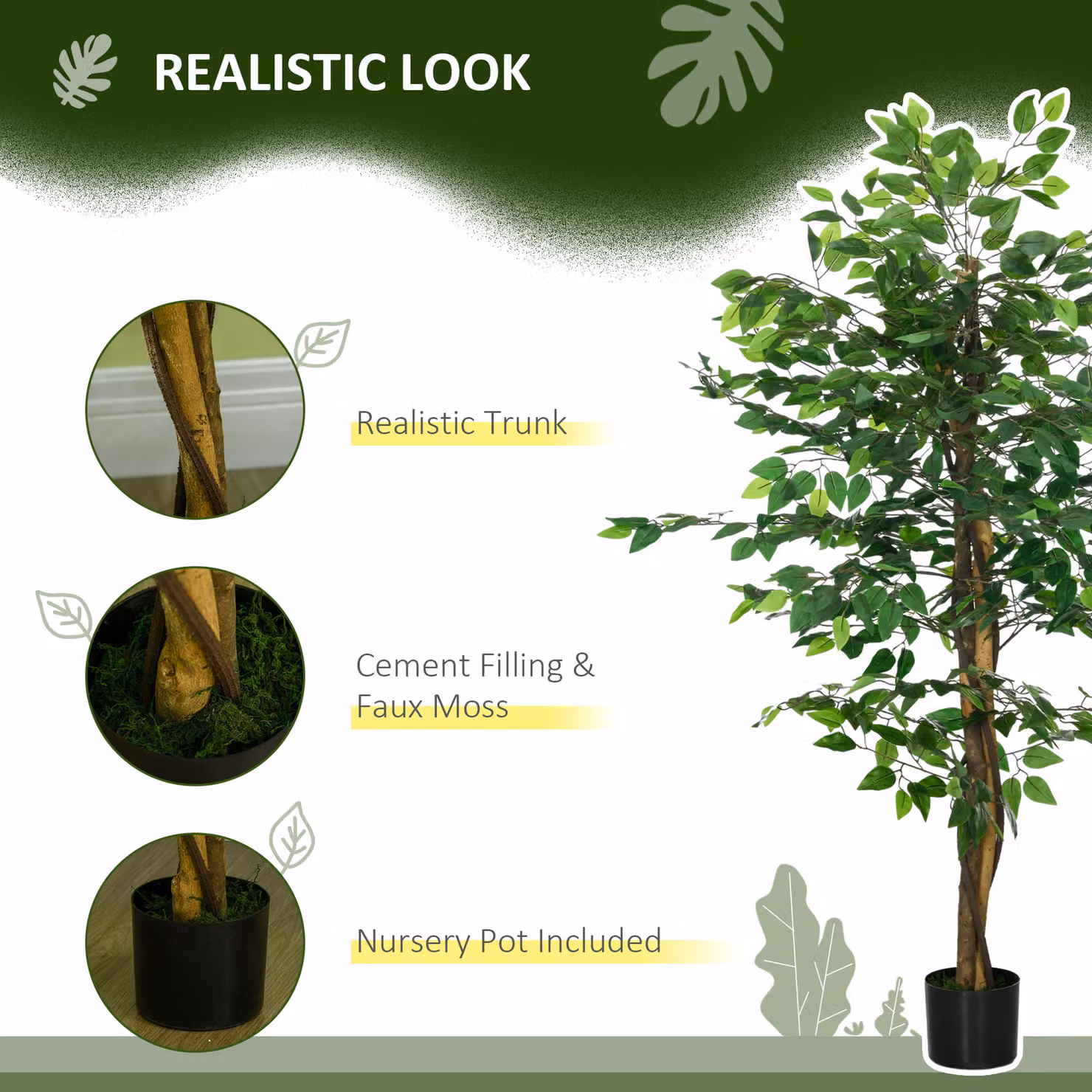 HOMCOM 150cm Green Artificial Ficus Tree with Pot for Indoor and Outdoor Decor – 3