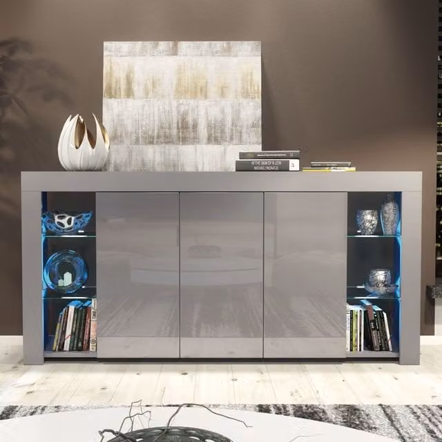 Mex Furniture LTD Modern Glossy Sideboard with Integrated LED Lighting in Grey, W: 164 cm, H: 83 cm, D: 35 cm – 1