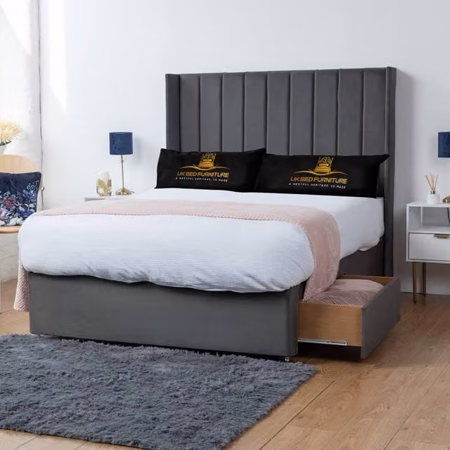 UK Bed Furniture Bella Wingback Divan Bed with 2 Drawers and 54 Inch Headboard in Charcoal Grey, Size: Double (140 x 200 cm)