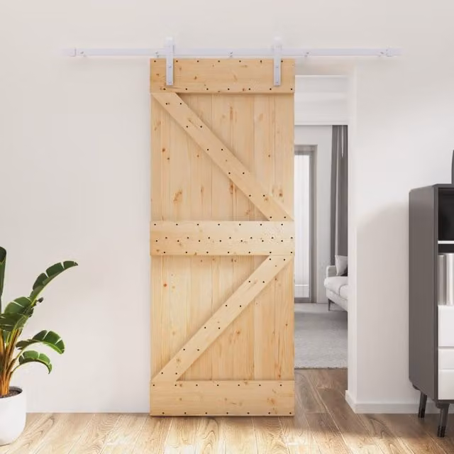 Berkfield Home Rustic Solid Pine Sliding Door with Hardware Set, Brown, W: 85 cm, H: 210 cm