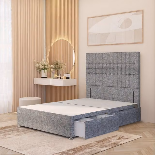 Somnior Beds Ltd Lexington King Size Divan Bed Base with 54 inch Floor Standing Headboard in Grey Tweed Fabric with Drawers W/D/H: 180 x 200 x 34.5 cm