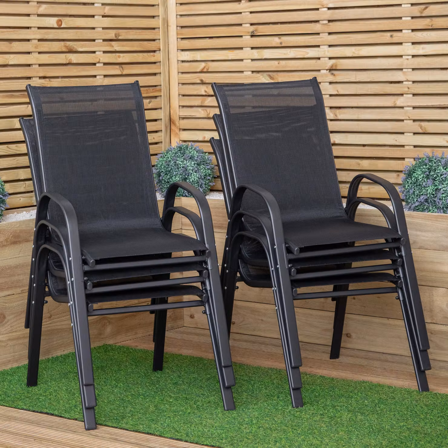 Samuel Alexander Set of 6 Black Textilene and Powder Coated Steel Stackable Outdoor Garden Patio Chairs with Armrests – 2