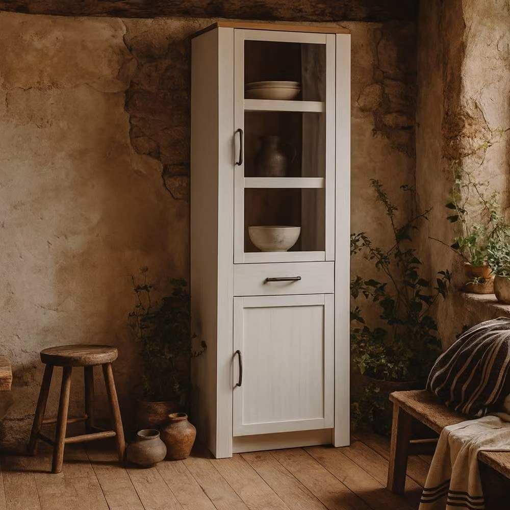 Wyld Haus Bramblecroft Narrow Display Cabinet in White and Riviera Oak, H: 205.4 x W: 42.0 x D: 53.0 cm – 2