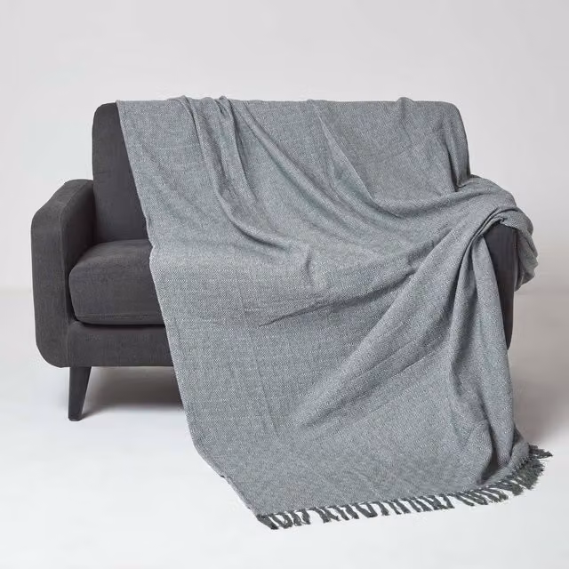 Homescapes Malda Woven Cotton Throw with Fringes, Green and Grey, W: 255 cm