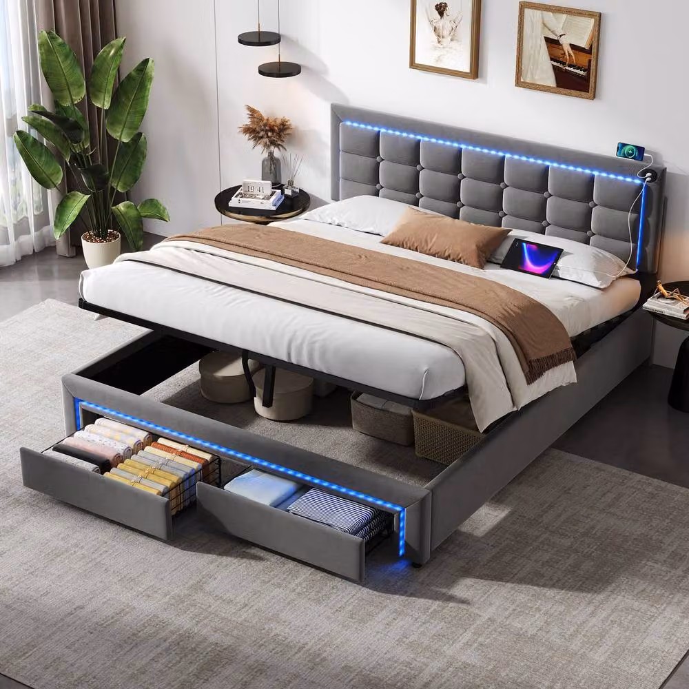 Matteo King Grey Velvet Upholstered Bed Frame with Hydraulic Storage, LED Headboard and USB Charging Port, W/D/H: 180 x 200 x 155 cm – 2