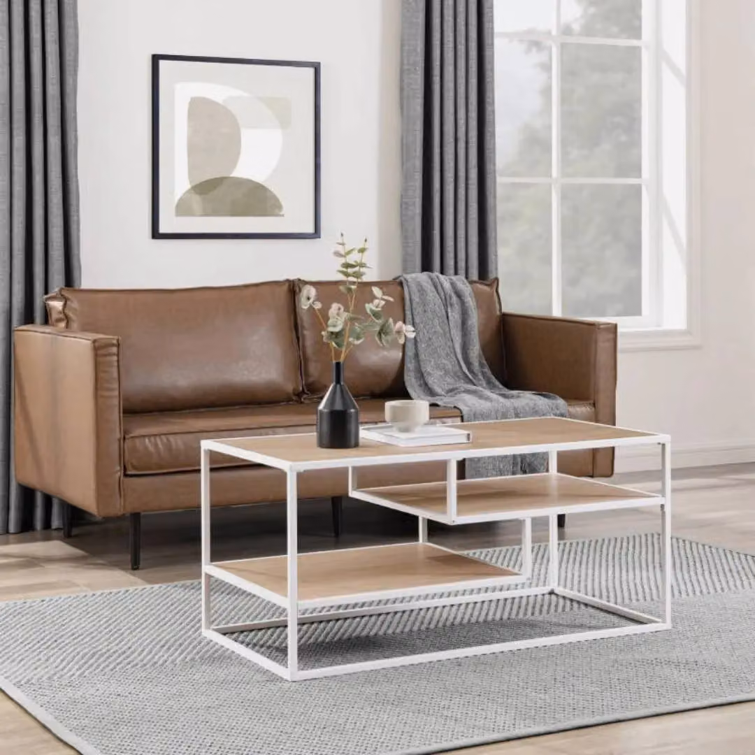 EONLION Modern Tiered Rectangular Coffee Table in Oak and White with Metal and Wood Construction – 2
