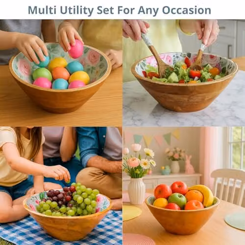 Hartsmede Handmade Mango Wood Salad Bowl Set with Matching Spoons, Floral Design, Multicolour, Diameter: 30.48 cm – 5