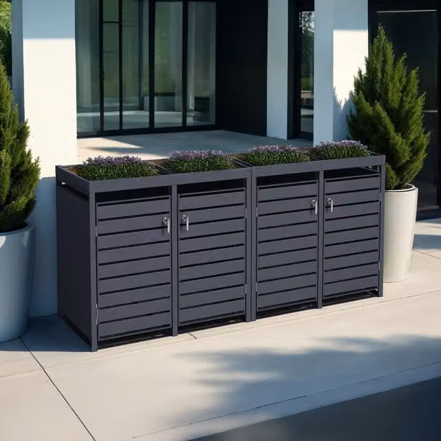 The Garden Furniture Centre Anthracite Galvanised Steel Wheelie Bin Storage Cover with Quad Planters