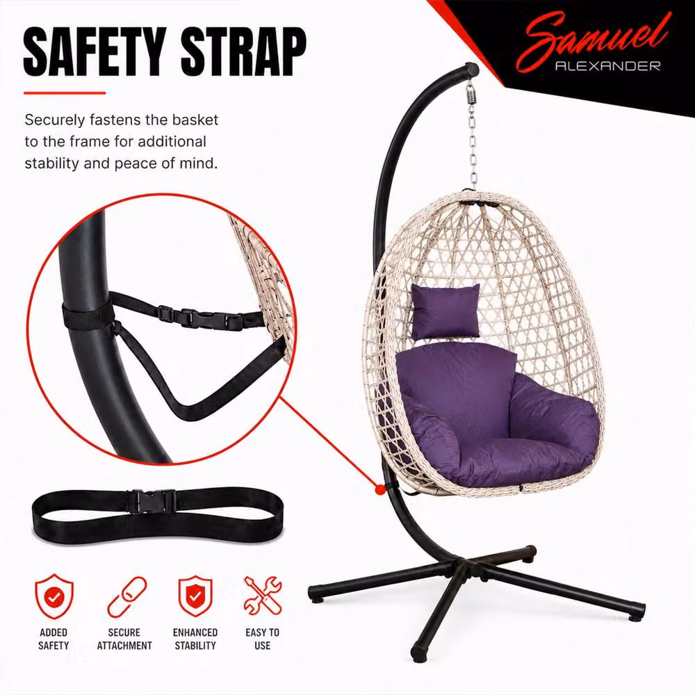 Samuel Alexander Rattan Hanging Egg Chair with Stand and Indigo Cushion in Purple – 4