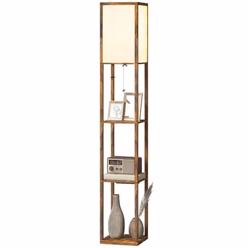 HOMCOM 4-Layer Rustic Brown Column Standing Floor Lamp with USB Ports and E27 Socket – 1