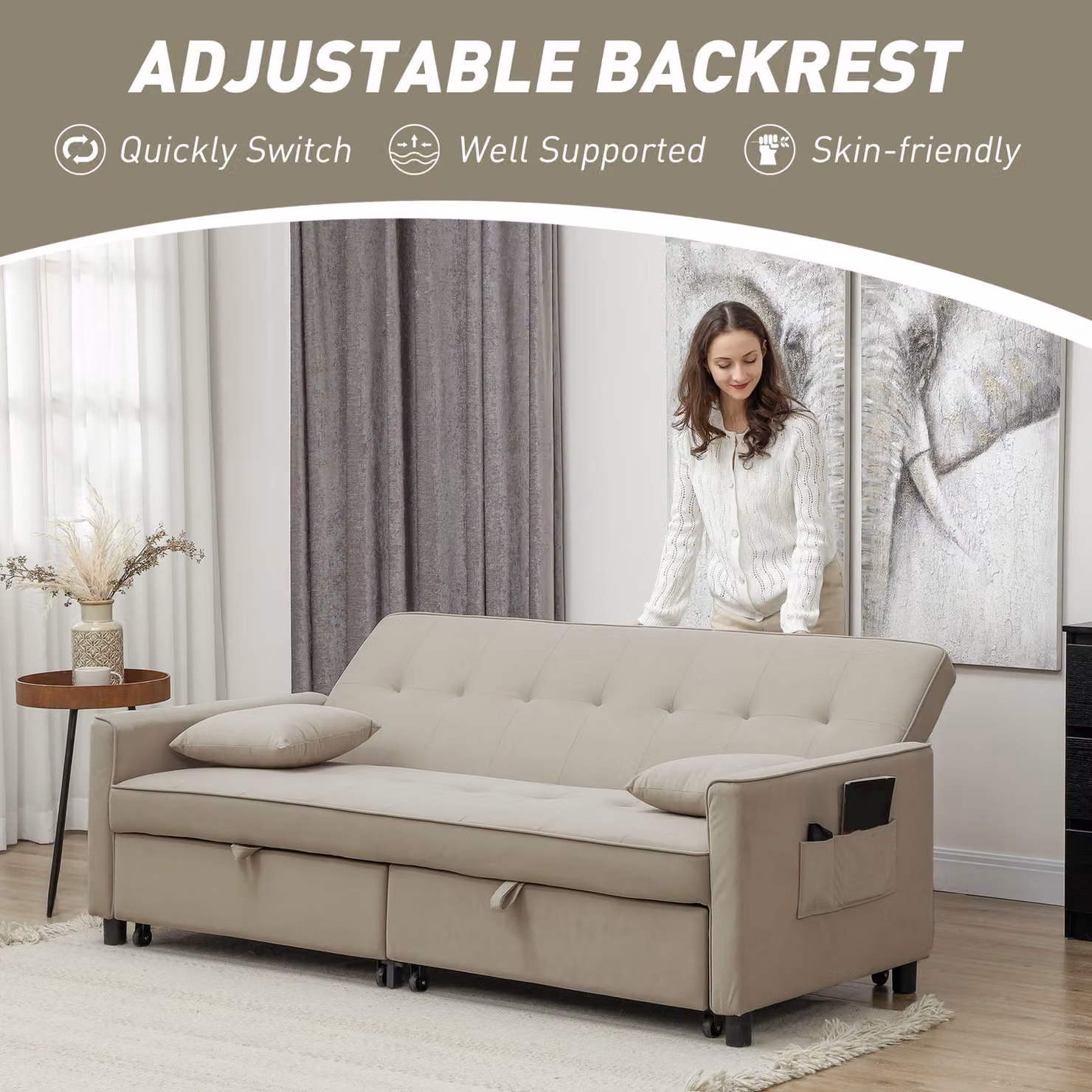 HOMCOM Three-Person Velvet Click-Clack Sofa Bed in Beige with Solid Wood Frame and Scatter Cushions – 2