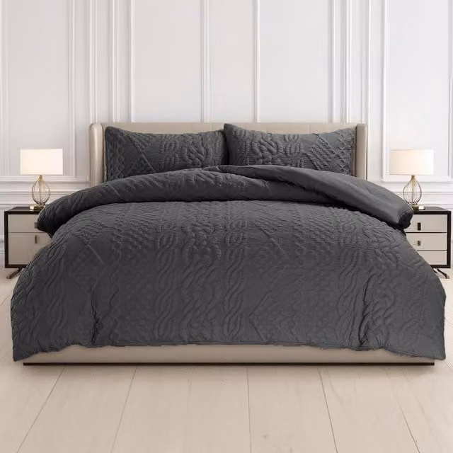 Velosso Modern 3D Embossed Chunky Knit Duvet Set and Pillowcase, Anthracite, W/D/H: 90 x 190 cm