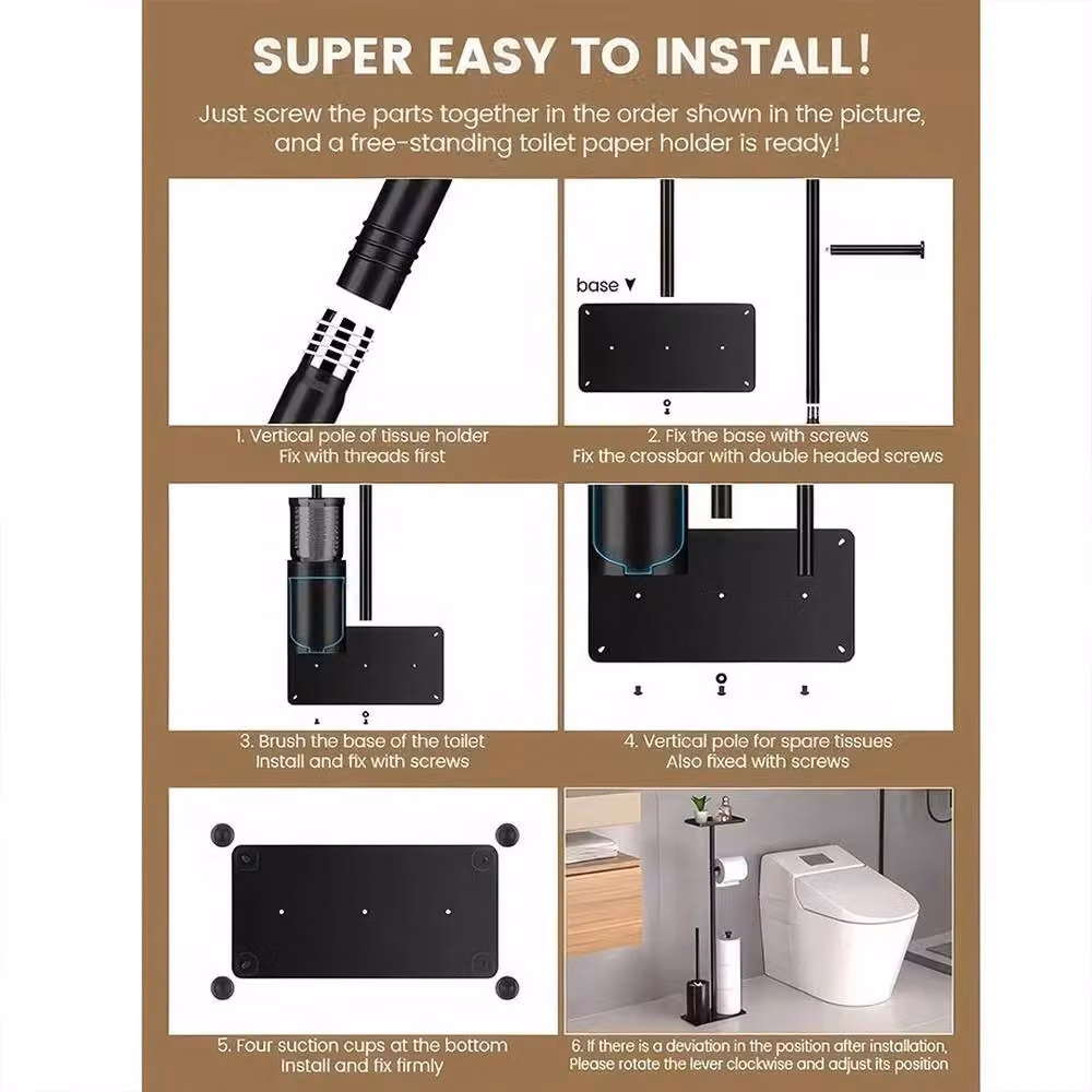 Kelvenix 4-in-1 Freestanding Black Metal Toilet Paper Holder with Spare Roll Holder and Brush – 4